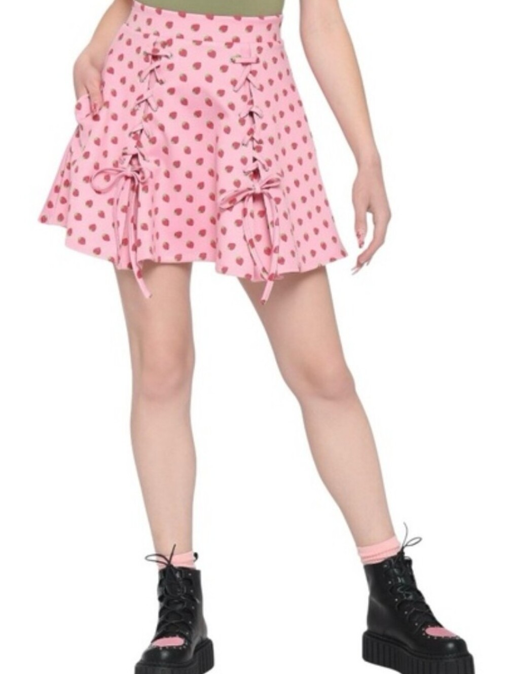 Hot Topic Women's Lace Up Strawberry Print Skirt Size Small